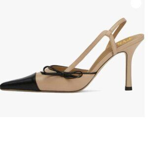 FYS Women Two Tone Pointed Toe Pumps Bow Stiletto High Heel Slingbacks Black Tan